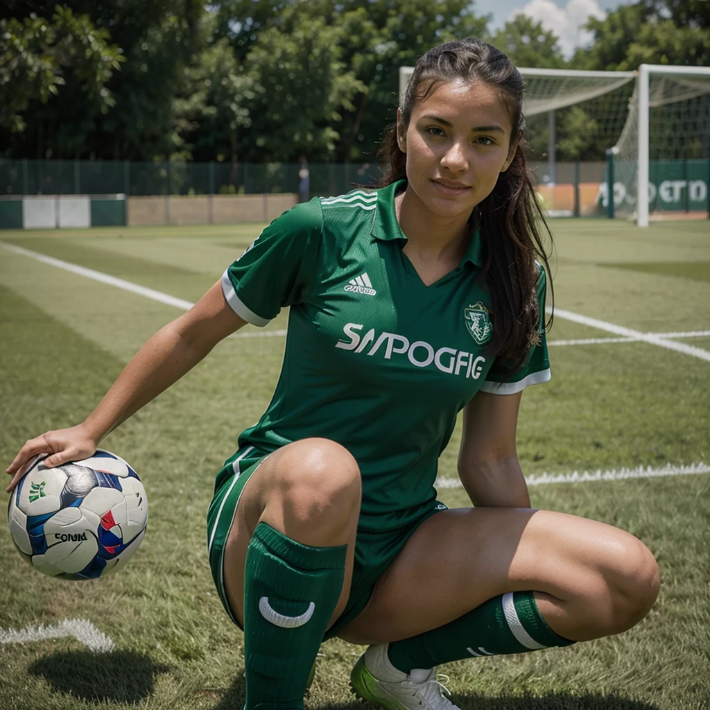 Female soccer player in emerald green uniform