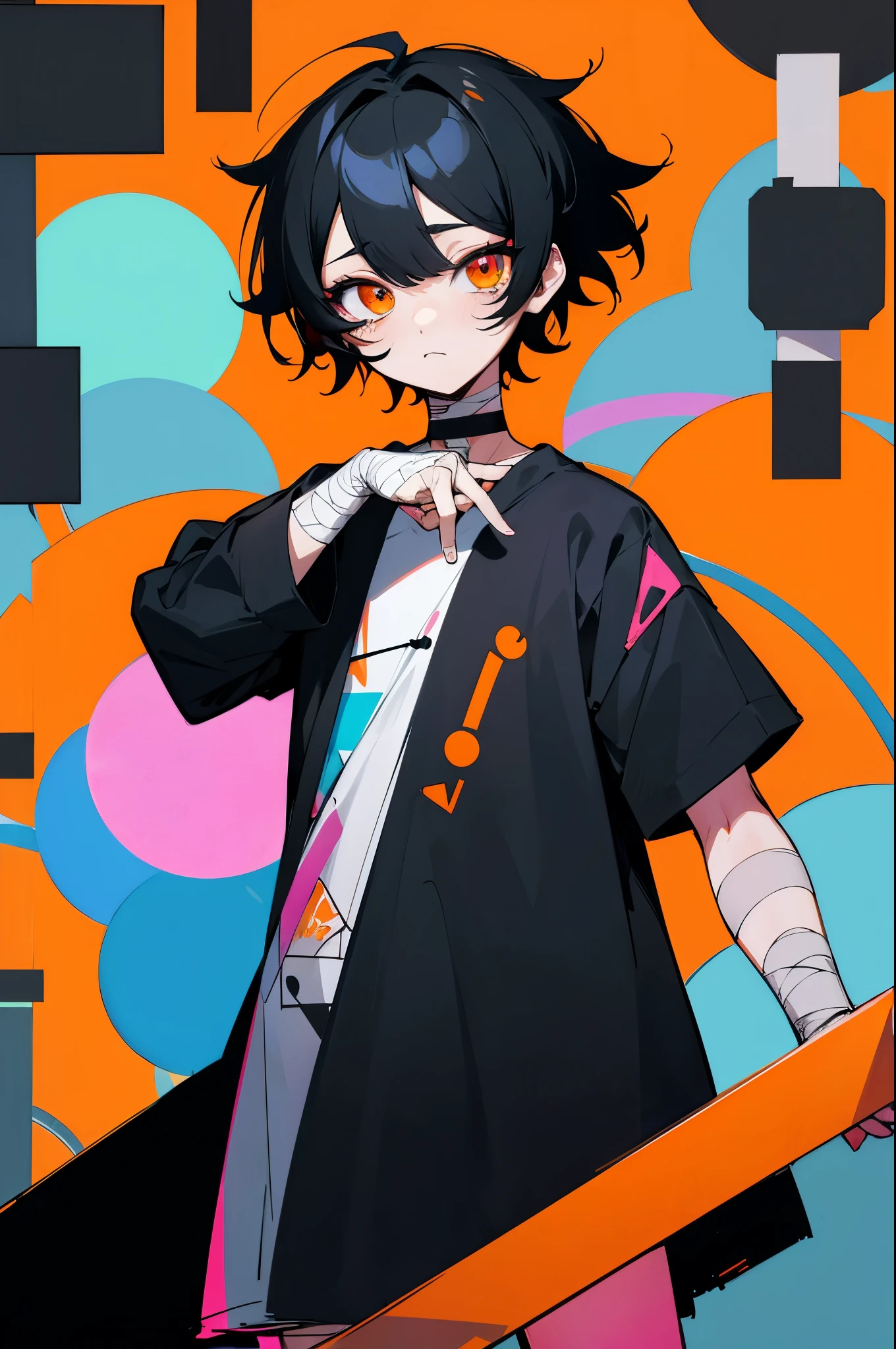 hightquality、neon color palette、high-level image quality、Kawaii boy、Unprecedented amount of drawing、anime styled、Geometric pattern background、sticker style、short hair、black hair、orange eyes, messy hair, menhera, bandages, loose clothing, baggy t-shirt, self harm, guro, dark, depressed, eye bags, heavy eyes, red eyes