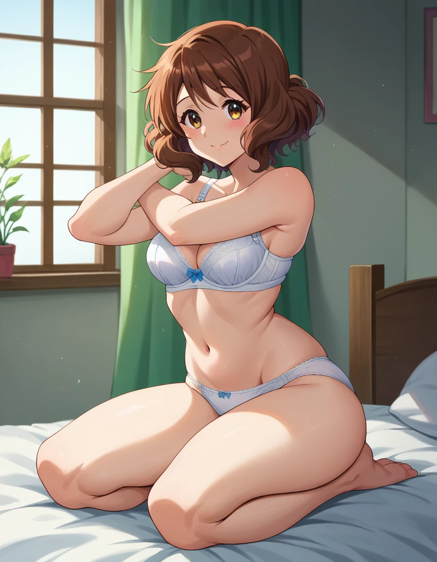 Highest quality, High resolution, masterpiece, (Beautiful Eyes), (Fine grain), Detailed face, kumiko oumae, Brown eyes, Brown Hair, short hair, Wavy Hair, smile, blush, indoor, bedroom, whiteいベッド, View your viewers, Sitting on the bed, (Stretch your arms upwards:1.5), (Wide pelvis:1.5), (Big Ass), (white_bra:1.5), (white_Panties:1.5), (Thick thighs), nsfw