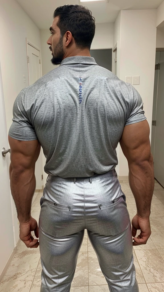 A Hispanic man with a face that looks like Henry Cavill. black man, His body is muscular and he has a toothed beard..  Big Butt, in a moment of reflection. full body. Fajada shirt, semi formal clothing, grey pants, backside. 
