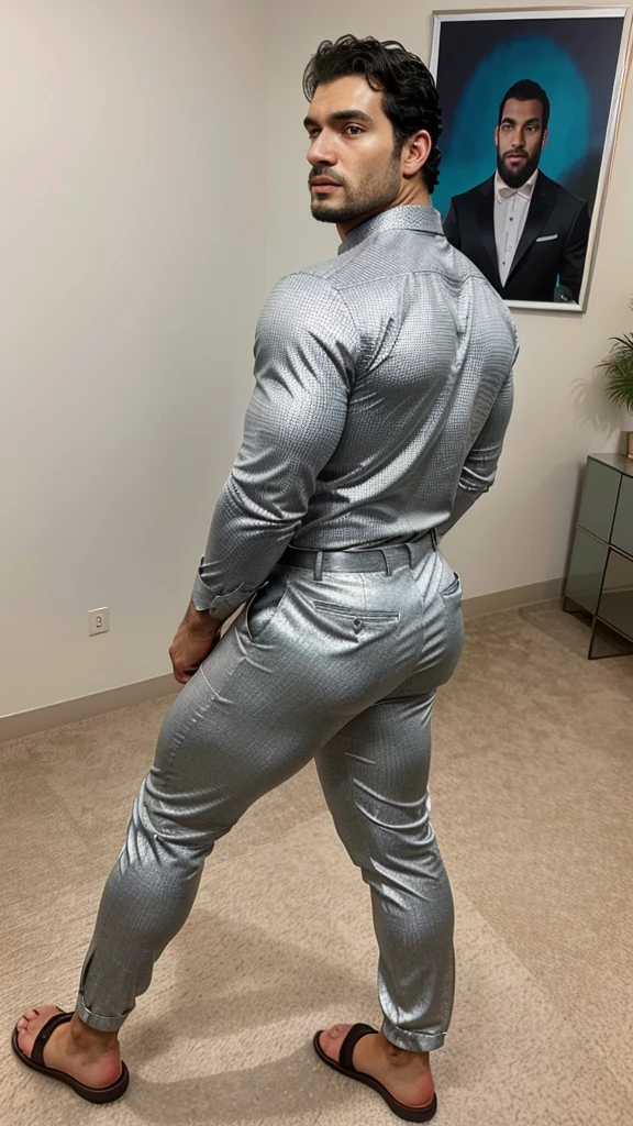 A Hispanic man with a face that looks like Henry Cavill. black man, His body is muscular and he has a toothed beard.. Huge butt, sexy in a moment of reflection. full body. Fajada shirt, semi formal clothing, silver pants, backside.