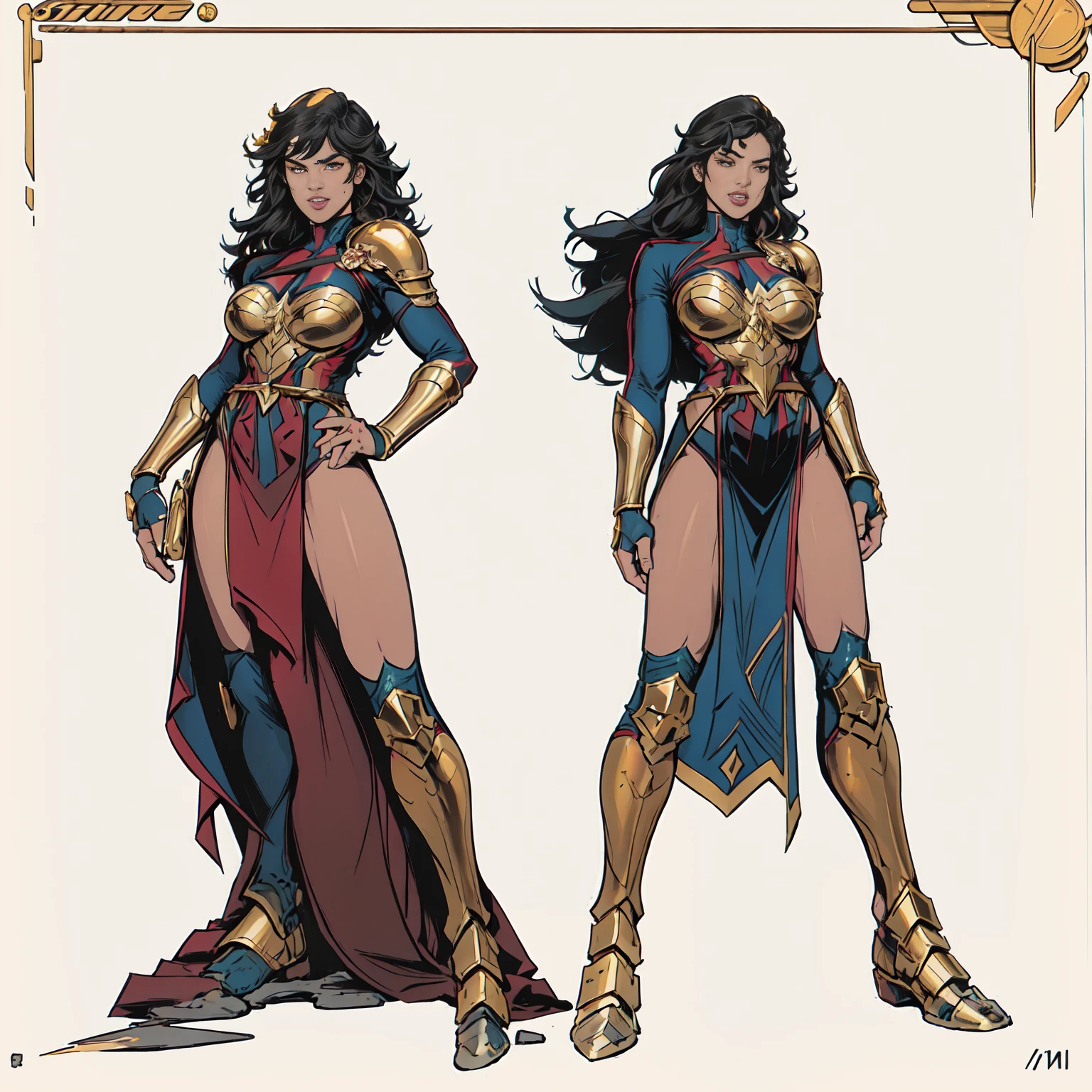 ((Full body photo,standing, feet on the ground)) 2girl, Gal gadot, (perfect anatomy), hair with bangs
, dark clothes (perfect face and eyes) (undeformed eyes), armor covers the whole body, full armor great details, art, full body, with gold cowboy lace at the waist, artwork, full body, with golden boots.
