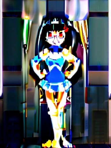high school girl、whole body、Standing with your legs apart、Red Eyes、angry、Hands on hips、真summer、summer、Sunshine、、angry、Spiteful eyes、、Black Hair、blunt bangs、White shirt,1 girl, 2D CG, Advanced digital anime art, anime character