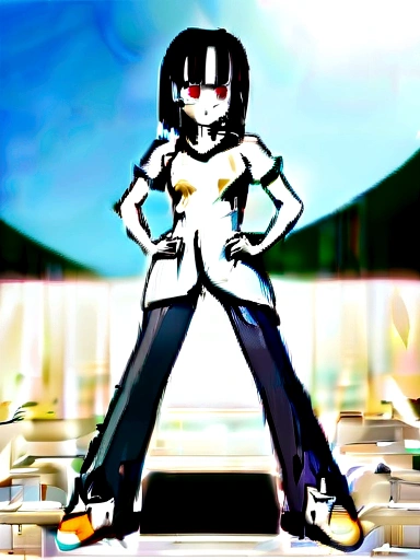 high school girl、whole body、Standing with your legs apart、Red Eyes、angry、Hands on hips、真summer、summer、Sunshine、、angry、Spiteful eyes、、Black Hair、blunt bangs、White shirt,1 girl, 2D CG, Advanced digital anime art, anime character