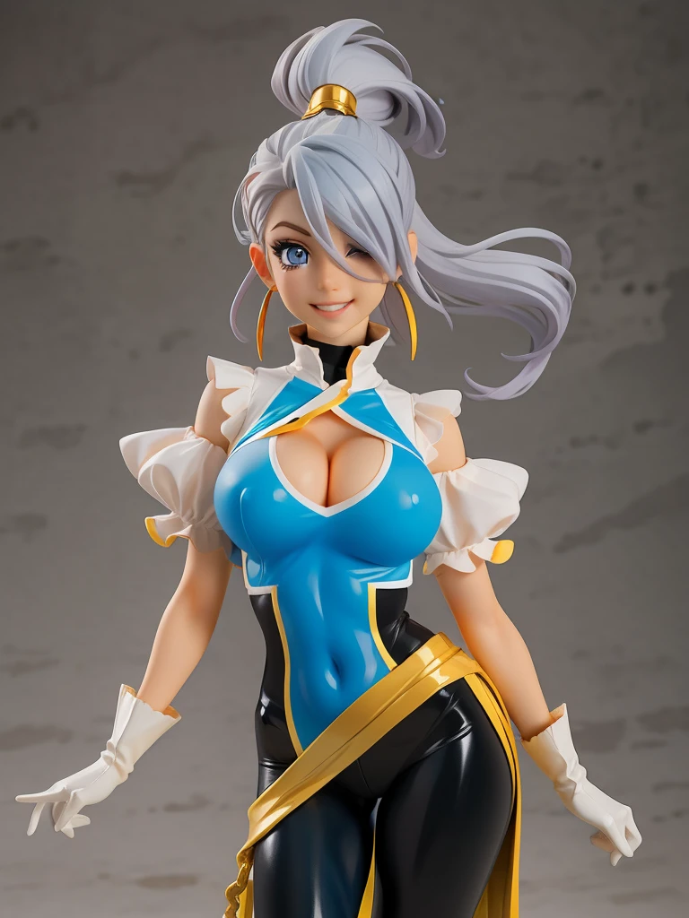 earrings, braided ponytail, puffy sleeves, gold trim, gloves, bodysuit, breast curtain, shoulder cutout, covered navel, hip vent, clothing cutout, tassel, (luxury livingroom background), ShenheV4, anime cels style, best quality, high resolution, 1girl, (huge breasts:1.2), beautiful face, grey hair, long hair, hair ornament, hair over one eye, blue eyes, cowboy shot, smiling