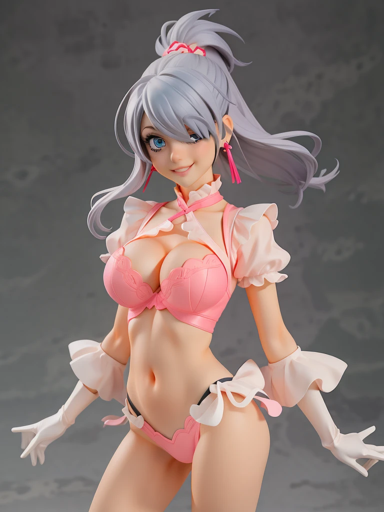 earrings, braided ponytail, puffy sleeves, gold trim, gloves, bodysuit, breast curtain, shoulder cutout, covered navel, hip vent, clothing cutout, tassel, (luxury livingroom background), ShenheV4, anime cels style, best quality, high resolution, 1girl, (huge breasts:1.2), beautiful face, grey hair, long hair, hair ornament, hair over one eye, blue eyes, cowboy shot, smiling