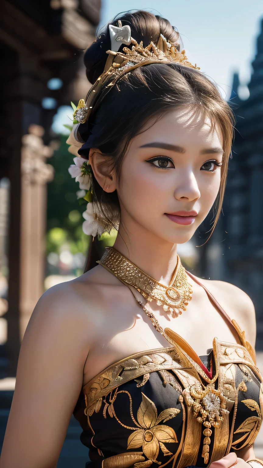 1female, a woman in the era of the Majapahit kingdom, is having a traditional Javanese wedding with gold and black ornaments, wearing a typical Javanese bun, with a charming and charming gaze, smiling, oriental female, with the Prambanan temple in the background, ancient Javanese era, cinematic photography, detailed, hyperrealism, great detail, 8k cinematic, high resolution, symmetrically, cinematic, color grading, photography, shot on 50mm lens, ultra-wide angle, depth of field, hyperdetailed, beautifully color-coded, insane detail, intricate detail, beautiful color grading, incredibly detailed and intricate, hyper maximal, elegant, hyperrealistic, super detailed, posing dynamic, photography, ultra-realistic, Full - HD, high detailed definition, Hyper detailed, 8k