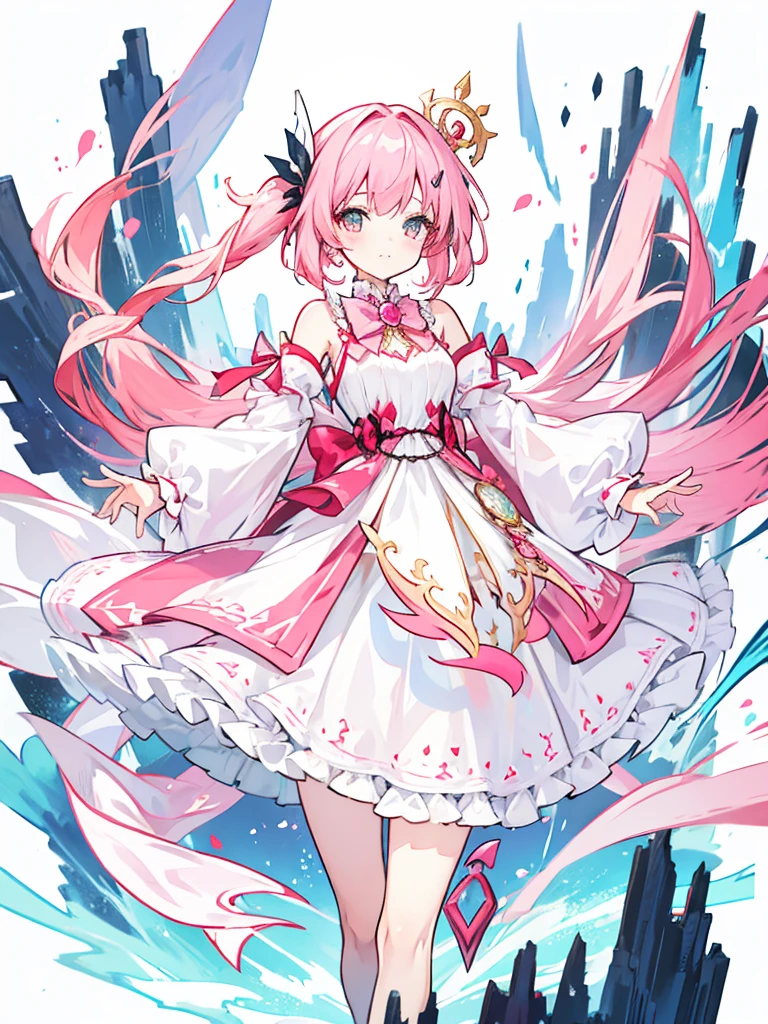 fantasy world girl with colorful hair, accessories, detailed clothes, pink hair, white and red clothes, short dress