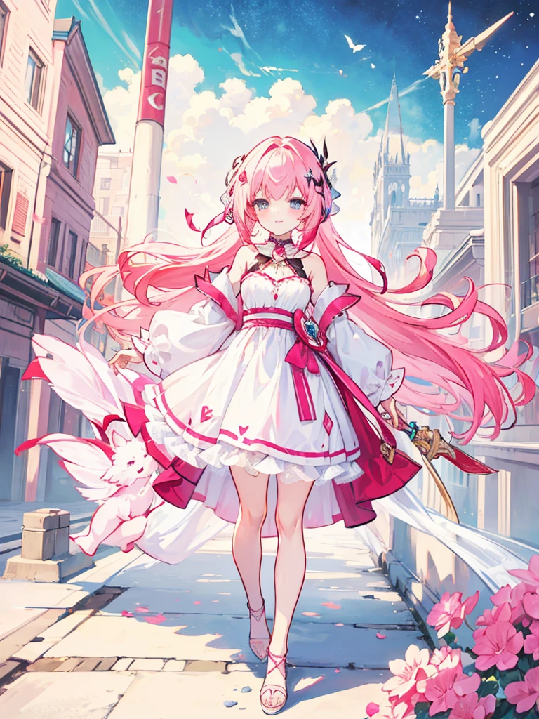 fantasy world girl with colorful hair, accessories, detailed clothes, pink hair, white and red clothes, short dress