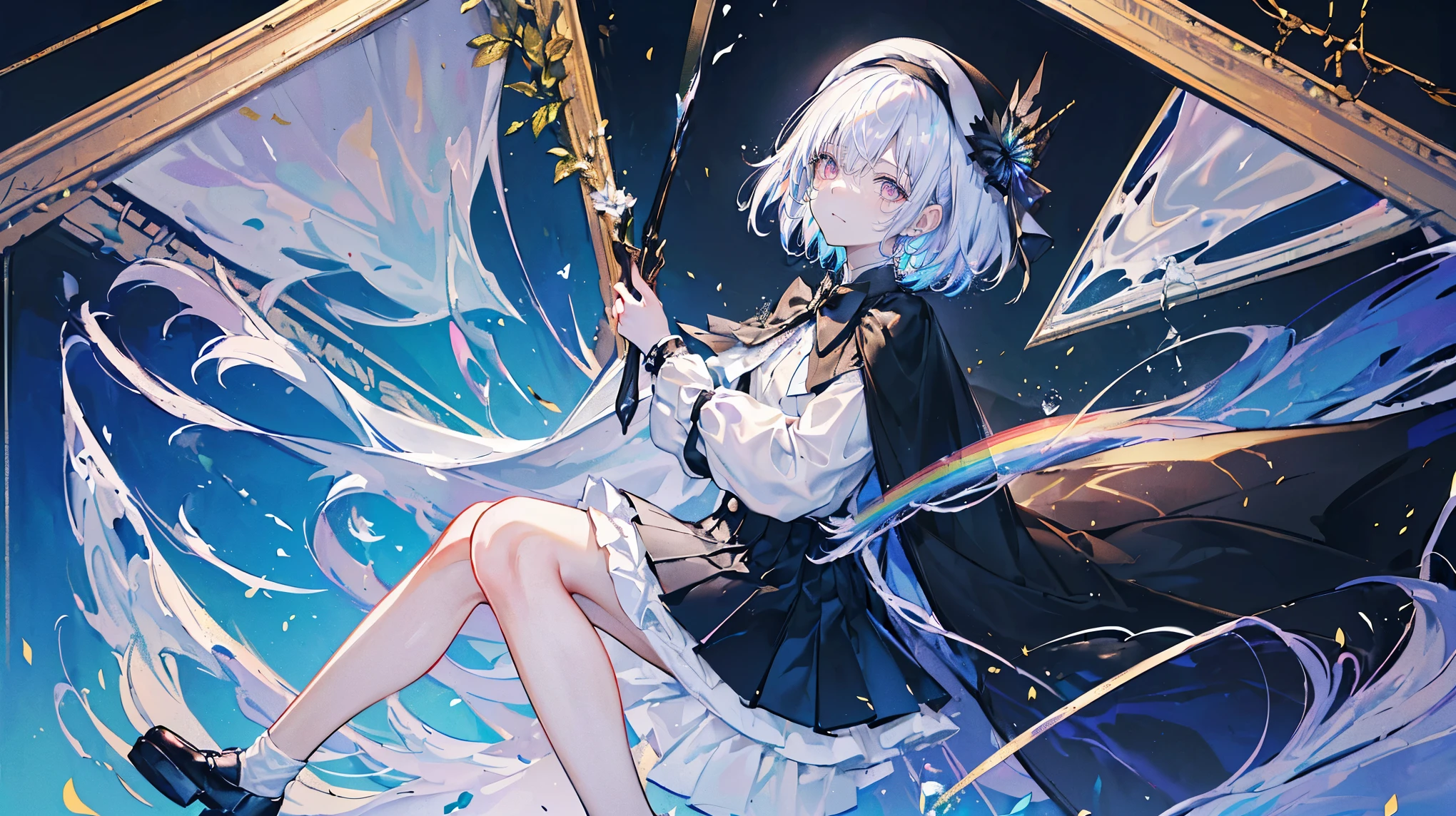 (Super detailed)),((illustration)),((masterpiece)),(((need))),((fine、Highest quality CG Unity 8K wallpapers,masterpiece),((4K,masterpiece,best quality)),rainbow发的大概16岁的少女,flat chest,short hair,Gold and silver eyes,Golden Apprentice Uniform,Black short cape,Berets,Black shoes,Paint flowing under your feet,Black Silk,Take the color palette,White short skirt covered with paint,Monocle,The walls are covered with portraits,身边有rainbow,phantom,Exhaustion,Overworked,Look in the mirror,The mirror reflects me in different clothes,Standing in a white room,Paint condensed in the air,rainbow,individual,Full body picture