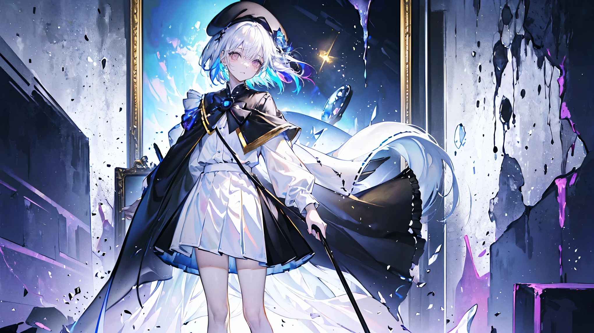 (Super detailed)),((illustration)),((masterpiece)),(((need))),((fine、Highest quality CG Unity 8K wallpapers,masterpiece),((4K,masterpiece,best quality)),rainbow发的大概16岁的少女,flat chest,short hair,Gold and silver eyes,Golden Apprentice Uniform,Black short cape,Berets,Black shoes,Paint flowing under your feet,Black Silk,Take the color palette,White short skirt covered with paint,Monocle,The walls are covered with portraits,身边有rainbow,phantom,Exhaustion,Overworked,Look in the mirror,The mirror reflects a different self,Standing in a white room,Paint condensed in the air,rainbow,individual,Full body picture