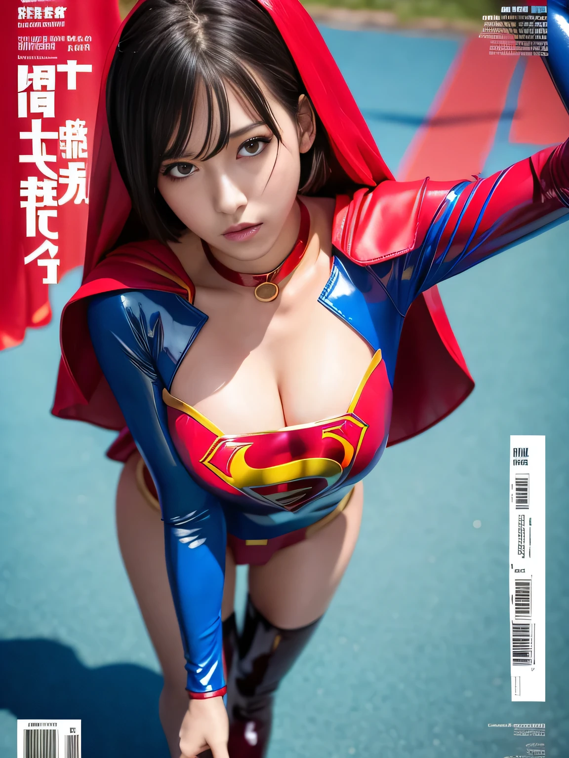 masterpiece、Enamel Supergirl Costume、short hair、Patent leather long boots、Big and ample breasts、shiny sweaty skin、looking at the camera、choker、Long sleeve、Sexy poses to seduce、Off the shoulder、latex、from right in front、athlete、Racing Bloomers、Red Cape、Beautiful Body、Weekly magazine cover、