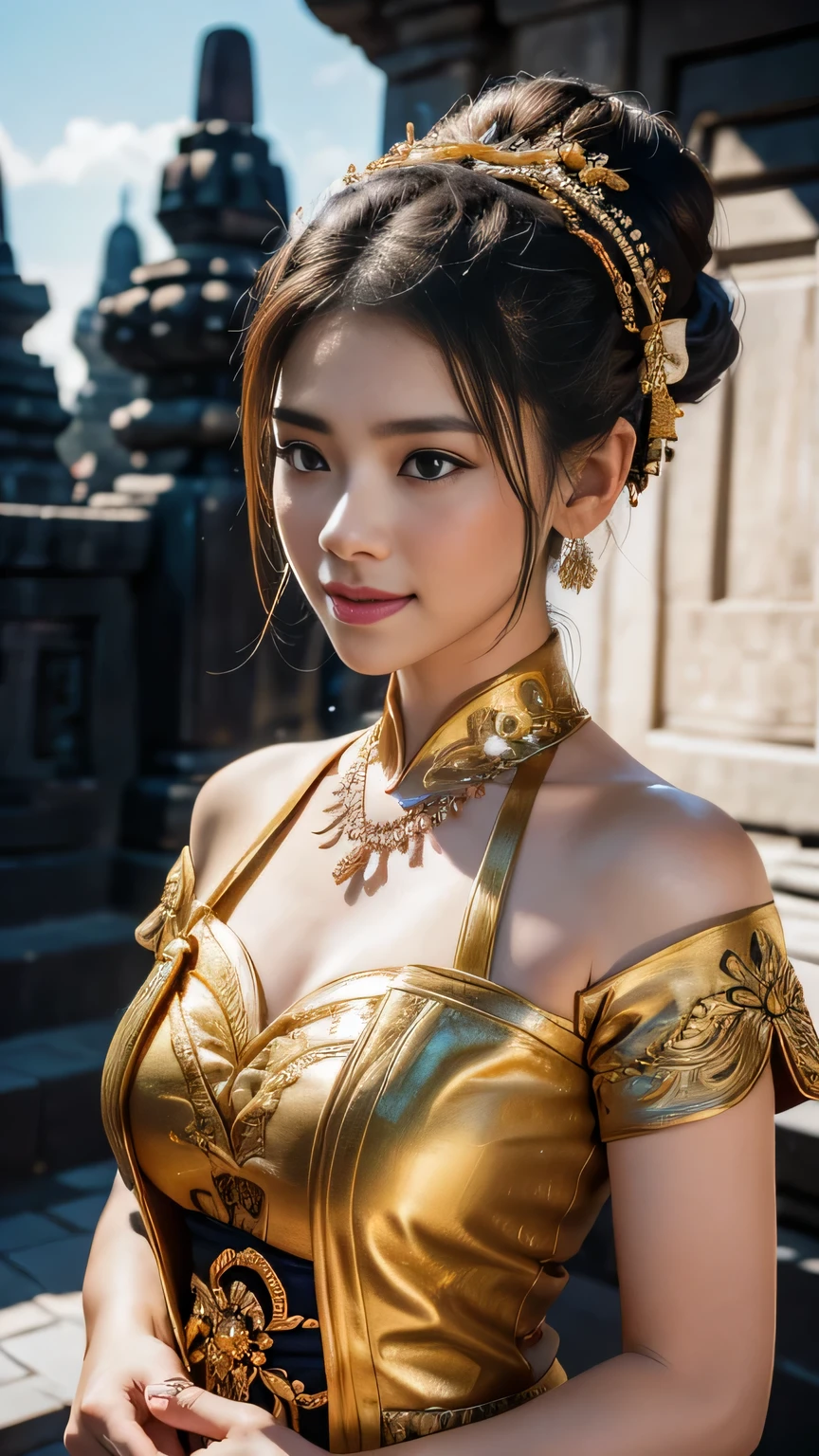 1female, a woman in the era of the Majapahit kingdom, is having a traditional Javanese wedding with gold and black ornaments, wearing a typical Javanese bun, with a charming and charming gaze, smiling, oriental female, with the Prambanan temple in the background, ancient Javanese era, cinematic photography, detailed, hyperrealism, great detail, 8k cinematic, high resolution, symmetrically, cinematic, color grading, photography, shot on 50mm lens, ultra-wide angle, depth of field, hyperdetailed, beautifully color-coded, insane detail, intricate detail, beautiful color grading, incredibly detailed and intricate, hyper maximal, elegant, hyperrealistic, super detailed, posing dynamic, photography, ultra-realistic, Full - HD, high detailed definition, Hyper detailed, 8k