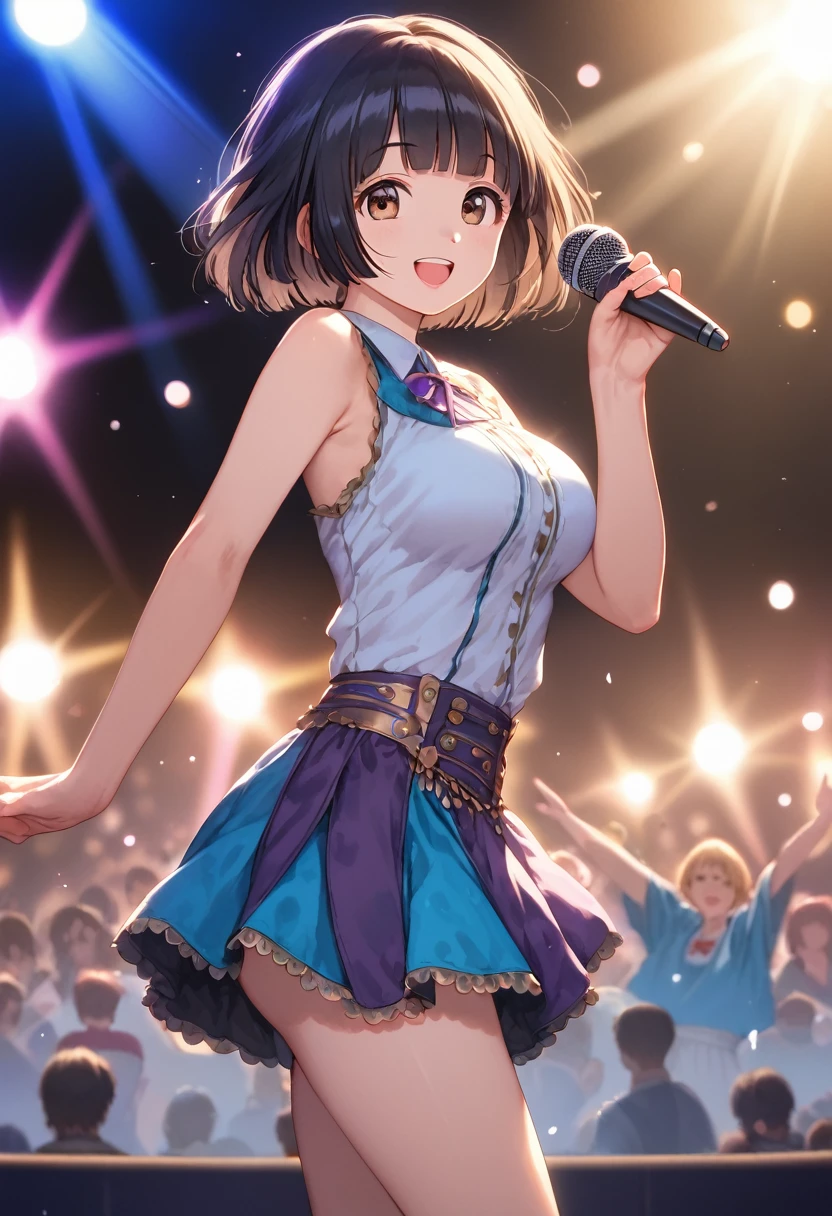 score_9,score_8_up,score_7_up,masterpiece,best quality, source anime, realistic, super detailed, extreme detailed, rating_safe,
1girl, solo, 22yo, short hair, bob cut, (blunt bangs), black hair, (tareme, detailed cute brown eyes), curled eyelashes, (large breasts:0.9),
shiny hair, beautiful detailed eyes, beautiful face,
slender, small ass, slim legs,
sexy idol costume, tight mini skirt, singing, smile, arm up, one leg lift, Hand Microphone, cowboy shot, from front,
idol stage, cool lighting, lighting like a movie, audience,