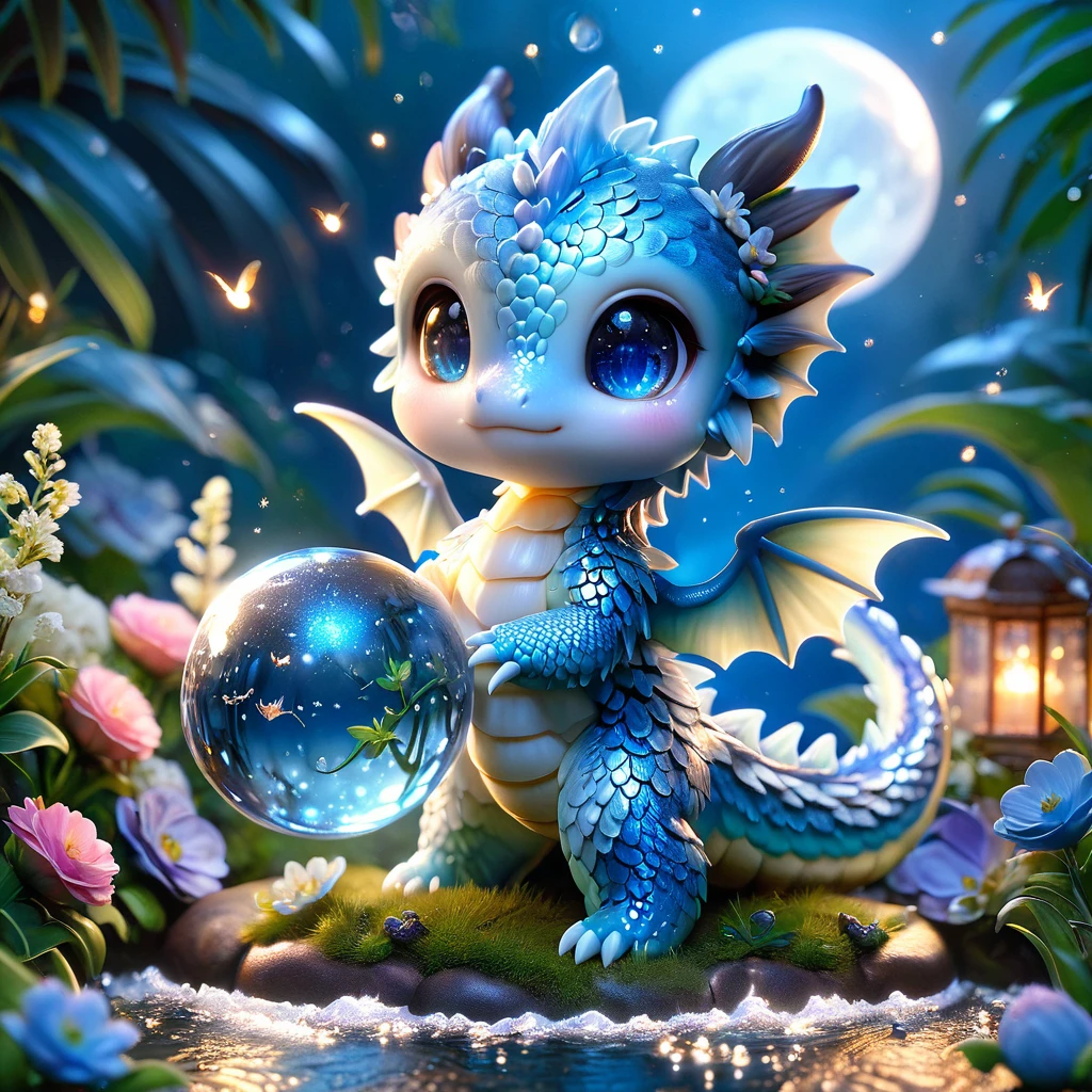 absurdres, highres, ultra detailed, HDR, master piece, light blue dragon, cute, best quality, blue moon, flowers, fantasy, magical, solo, water, blue shining fireflies, blue petals, fe cristal sphere, magic, small dragon, glittering, holding a sphere