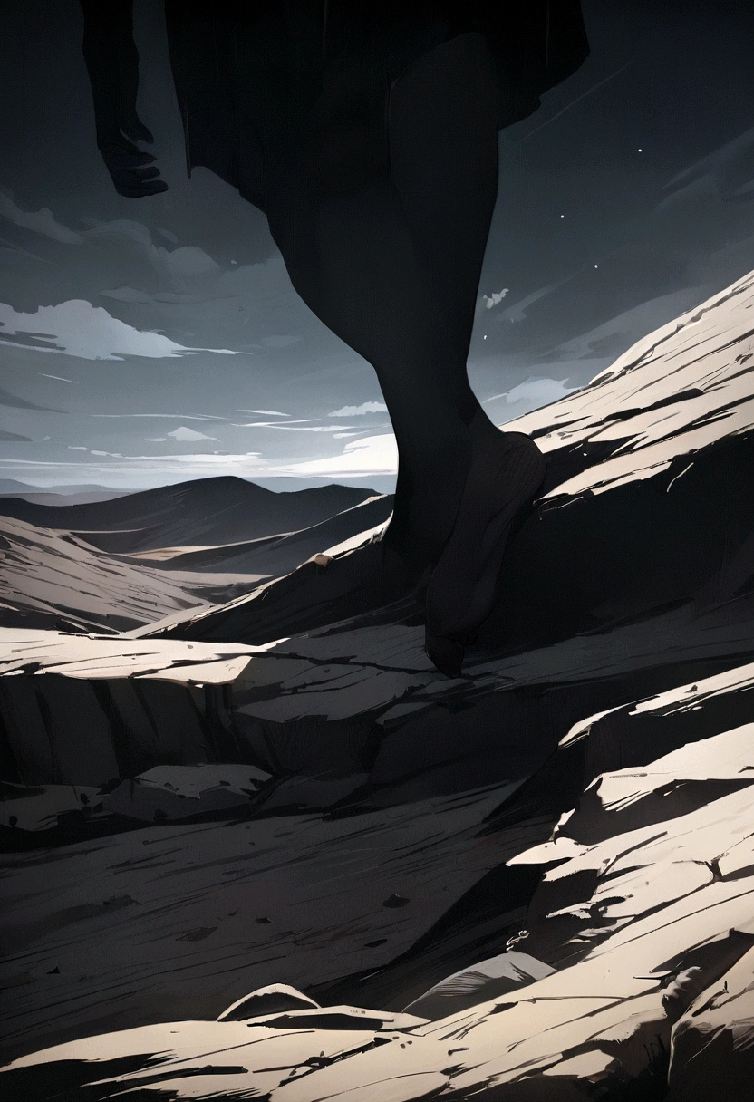 close up of a foot as one of them is stepping into a beautiful landscape, the previous area is very dark and barren