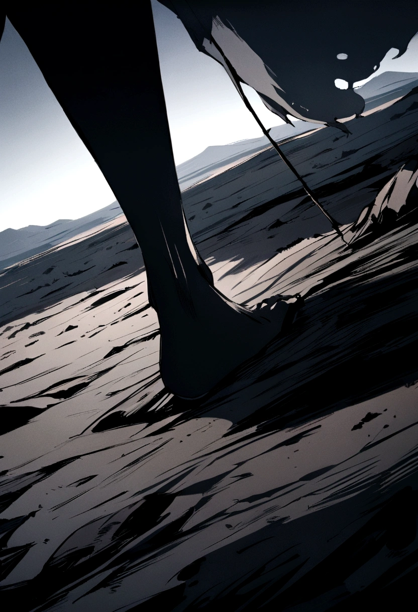 close up of a foot as one of them is stepping into a beautiful landscape, the previous area is very dark and barren