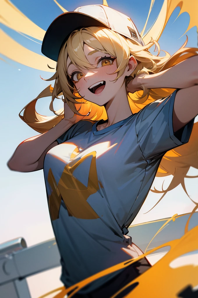 (absurdres, 8k, 4k, masterpiece, hyper extreme detailed:1.2), solo, 1girl, front view, portrait, best quality, expressive eyes, perfect face, 1girl, portrait, solo, standing, Female, toned body, mature female, small breasts, pale, hair covering one eye, long hair, adult, gold eyes, graphic t-shirt, smile, anticipating, excited, friendly, laughing, baseball cap, clouds, crazy eyes, messy hair, swept bangs, perfect anatomy, front view, apocalypse background, t-shirt, shorts, blonde hair,