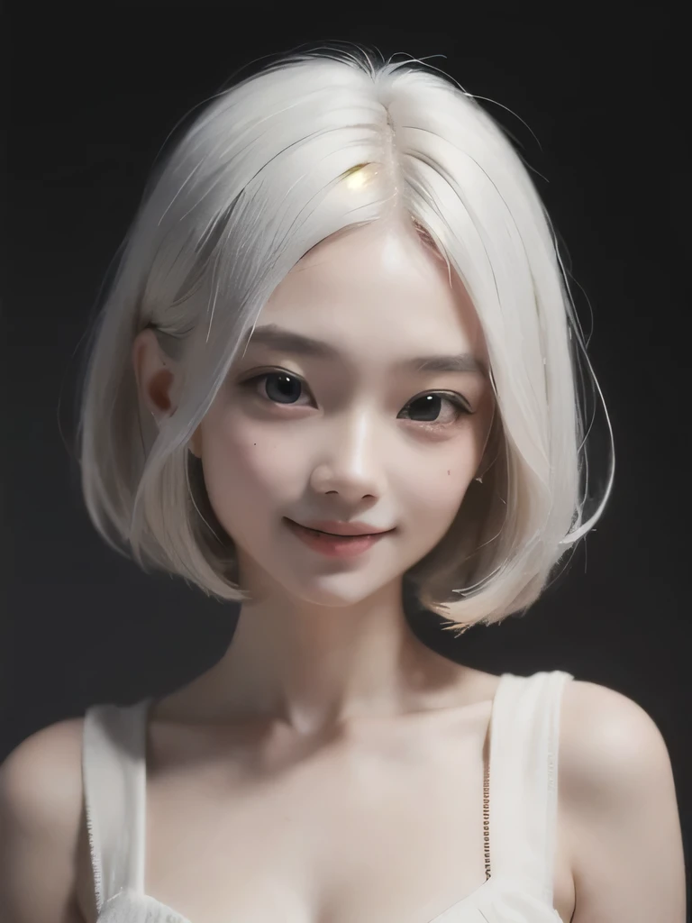 ((best quality)), ((masterpiece)), (detailed), perfect face. White hair. Anime girl. Short hair. Asian girl. Ulzzang. Smile. V neck. 