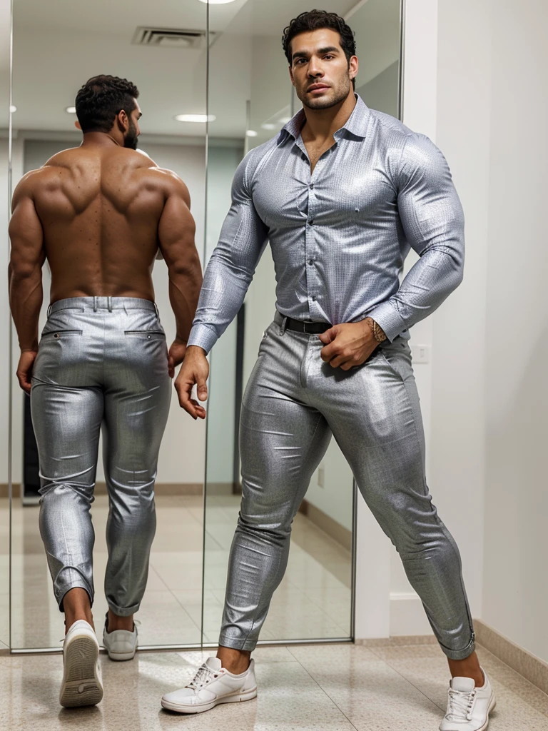 A Hispanic man with a face that looks like Henry Cavill. black man, His body is muscular and he has a toothed beard.. Huge butt, sexy in a moment of reflection. full body. Fajada shirt, semi formal clothing, silver pants, backside.