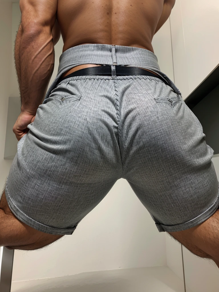 A Hispanic man with a face that looks like Henry Cavill. black man, His body is muscular and he has a toothed beard.. Huge butt, sexy in a moment of reflection. full body. Fajada shirt, semi formal clothing, silver pants, backside.