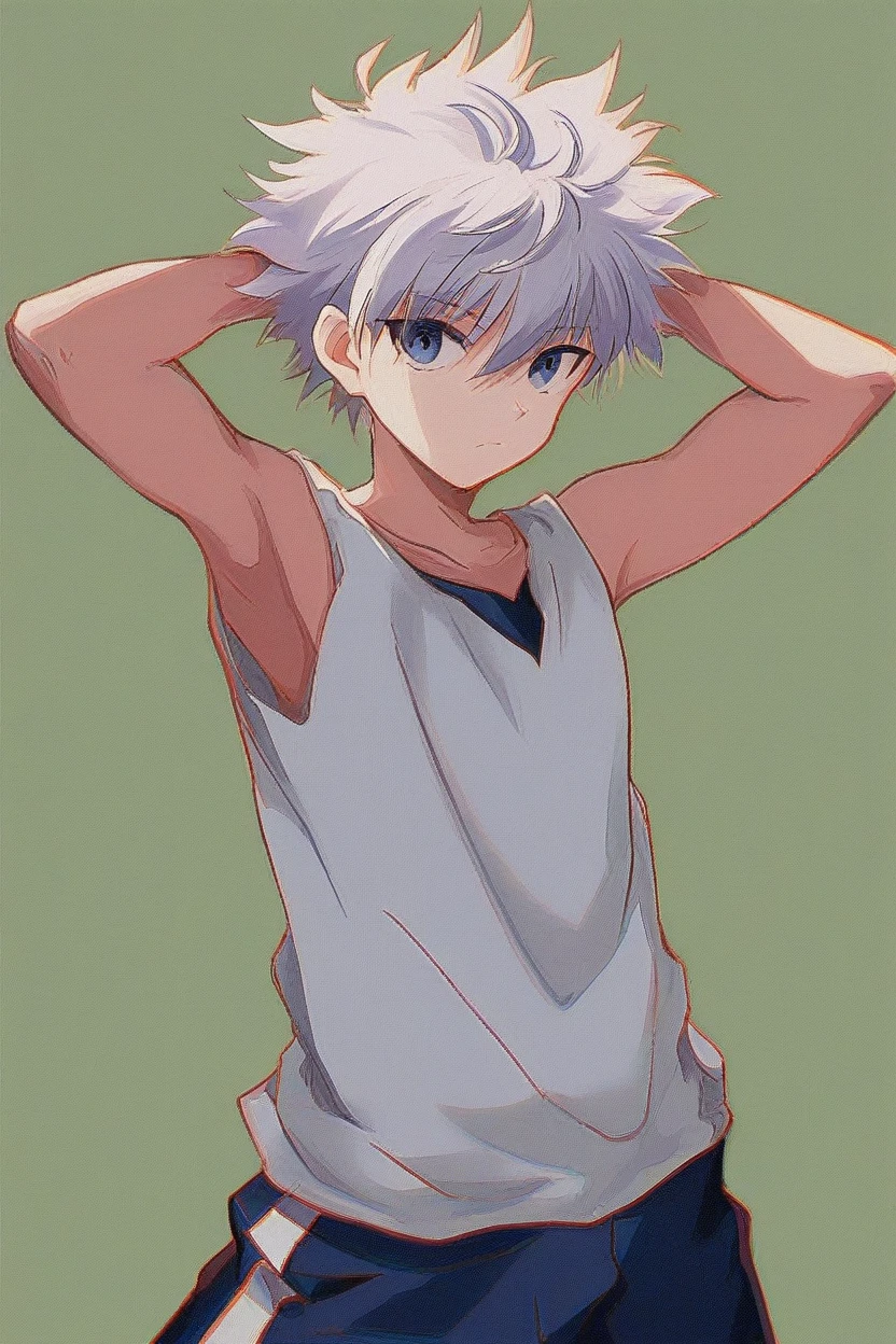 killua_zoldyck, 1boy, solo, short hair, bangs, blue eyes, simple background, , , hair between eyes, closed mouth, upper body, white hair, , male focus, shorts, arms up, ,, , border, spiked hair, arms behind head, yellow background, , green background, male, score_9, rating_safe ,Wearing sleeveeless,Showing armpits