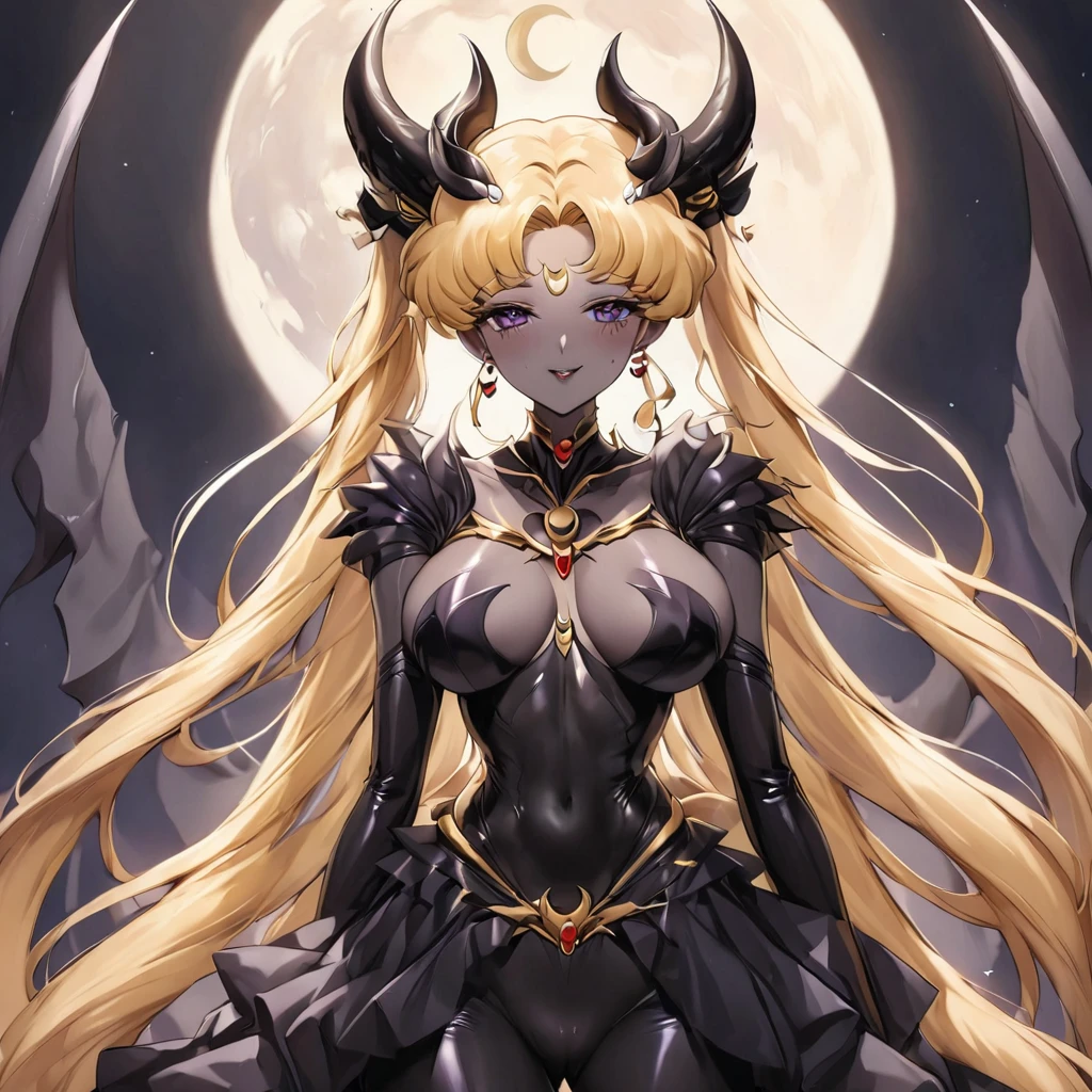 ((Highest quality)), ((masterpiece)), (detailed), (Perfect Face)、A girl who looks just like the female Devil Queen Serenity3People line up to embrace and snuggle with Devil Queen Serenity、The woman is naked and is the bride of the Demon King, the Dark Queen of the Black Moon Clan, the Demon Queen, Devil Queen Serenity, and is wearing a shiny black full-body bodysuit decorated with gold, a sexy female demon with jet-black skin, Devil Queen Serenity.、The woman is a jet-black female demon with magnificent devil horns, jet-black devil wings, and a jet-black tail. Her skin is jet-black, and she has a black inverted crescent moon mark on her forehead. She is the jet-black demon Devil Queen Serenity, and has blonde hair.2The expression of a girl in love with her long hair tied up、Woman is Devil Queen Serenity
