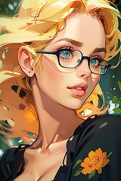 ((close-up of woman's face:1.4)),(getting excited),(sulttry gaze, moan:1.2),(realistic illustration). cute 27 yo ((blonde:1.3)) Caucasian woman with green eyes. Sexy (chubby:0.7) figure, natural breasts, beautiful ass. Eyeglasses, cardigan, black floral print sundress, Masterpiece, (highly detailed:1.2),(detailed face and eyes:1.2), 8k wallpaper, cinematic lighting. core shadows, high contrast, bokeh.