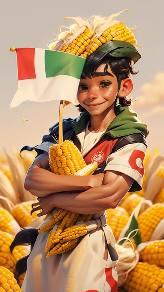 Male, boy, Peru flag, background, protecting the corn, corn bodies with eyes and smile, Peru flag, 

