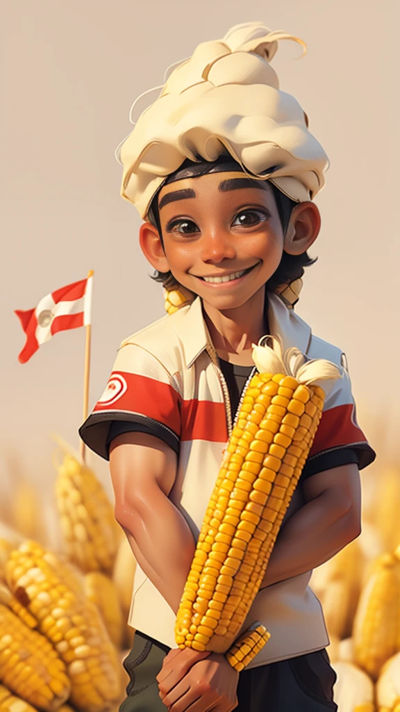 Male, boy, Peru flag, background, protecting the corn, corn bodies with eyes and smile, Peru flag,