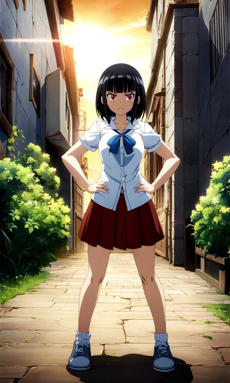 high school girl、whole body、Standing with your legs apart、Red Eyes、angry、Hands on hips、真summer、summer、Sunshine、、angry、Spiteful eyes、、Black Hair、blunt bangs、White shirt,1 girl, 2D CG, Advanced digital anime art, anime character
