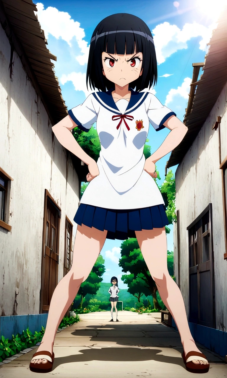 high school girl、whole body、Standing with your legs apart、Red Eyes、angry、Hands on hips、真summer、summer、Sunshine、、angry、Spiteful eyes、、Black Hair、blunt bangs、White shirt,1 girl, 2D CG, Advanced digital anime art, anime character