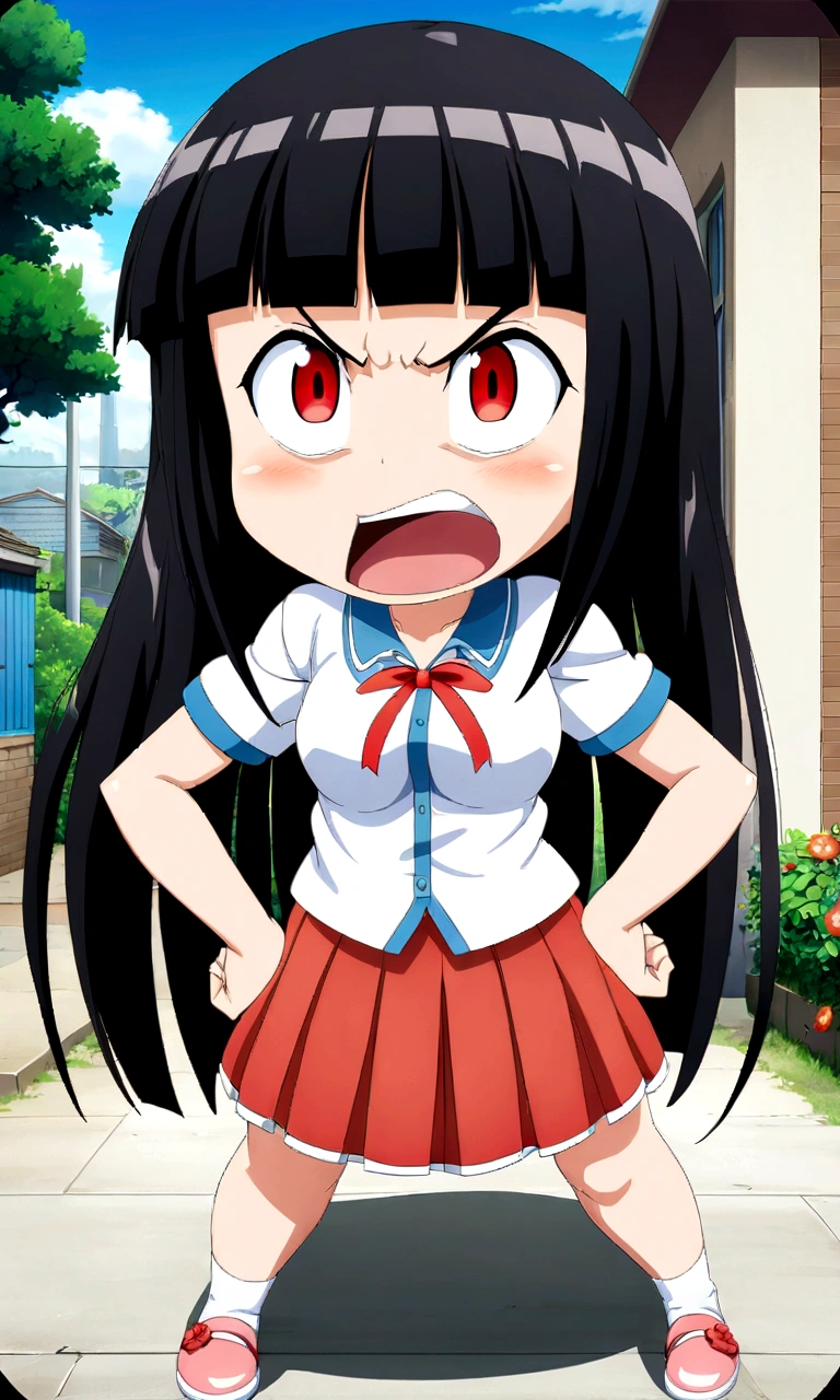 high school girl、whole body、Standing with your legs apart、Red Eyes、angry、Hands on hips、真summer、summer、Sunshine、、angry、Spiteful eyes、、Black Hair、blunt bangs、White shirt,1 girl, 2D CG, Advanced digital anime art, anime character