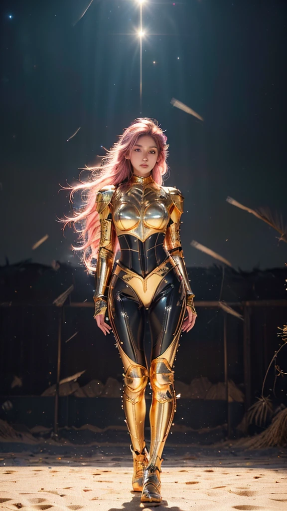 ((best quality)), ((masterpiece)), (ultra detailed lights), ((full body shot)), ((skinny body)), ((bunga citra lestari)), extremely beautiful, ((slim body)), thighs gap, ultra face details, 20 years old, ((pink curvy-hair)), ((hair blown by strong winds :1.3)), Award-winning photograph, ((symmetrical pose)), ((full body golden black armor)), posing in the middle, intricate details, ((thight golden armour)), ((extremely details armor)), ((tight latex pants)), ((24k-gold armor)), ((edge luminous armor)), cameltoe, luminescent, epic lights reflections, at beach, full of stars, orange clouds, nebula sky, epic aurora borealis in the background, shooting stars, ((from below))