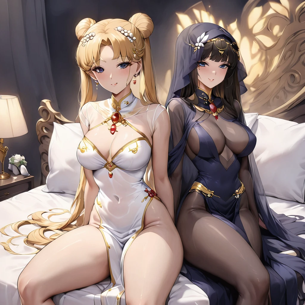 ((Highest quality)), ((masterpiece)), (detailed), (Perfect Face)、A woman with the same appearance but different clothing colors3Two people are sitting side by side in a large king-size bed servicing a naked man、The woman is wearing a gorgeous, glittering, long-slit see-through Chinese dress with gold embroidery, a black veil and a black see-through cape, as well as a gorgeous hair ornament and gorgeous jeweled accessories.、The woman is the elegant Tsukino Usagi, with long blonde hair in a chignon twin tail.