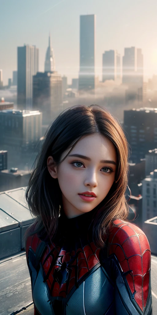 (1girl:1.3), Solo, (((Very detailed face)))), ((Very detailed eyes and face)))), Beautiful detail eyes, Body parts__, Official art, Unified 8k wallpaper, Super detailed, beautiful and beautiful, beautiful, masterpiece, best quality, original, masterpiece, super fine photo, best quality, super high resolution, realistic realism, sunlight, full body portrait, amazing beauty, dynamic pose, delicate face, vibrant eyes, (from the front), She wears Spider-Man suit, red and black color scheme, spider, very detailed city roof background, rooftop, overlooking the city, detailed face, detailed complex busy background, messy, gorgeous, milky white, highly detailed skin, realistic skin details, visible pores, clear focus, volumetric fog, 8k uhd, DSLR, high quality, film grain, fair skin, photo realism, lomography, futuristic dystopian megalopolis, translucent