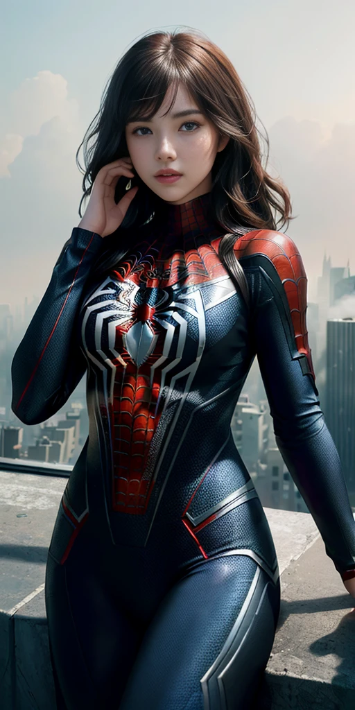 (1girl:1.3), Solo, (((Very detailed face)))), ((Very detailed eyes and face)))), Beautiful detail eyes, Body parts__, Official art, Unified 8k wallpaper, Super detailed, beautiful and beautiful, beautiful, masterpiece, best quality, original, masterpiece, super fine photo, best quality, super high resolution, realistic realism, sunlight, full body portrait, amazing beauty, dynamic pose, delicate face, vibrant eyes, (from the front), She wears Spider-Man suit, red and black color scheme, spider, very detailed city roof background, rooftop, overlooking the city, detailed face, detailed complex busy background, messy, gorgeous, milky white, highly detailed skin, realistic skin details, visible pores, clear focus, volumetric fog, 8k uhd, DSLR, high quality, film grain, fair skin, photo realism, lomography, futuristic dystopian megalopolis, translucent