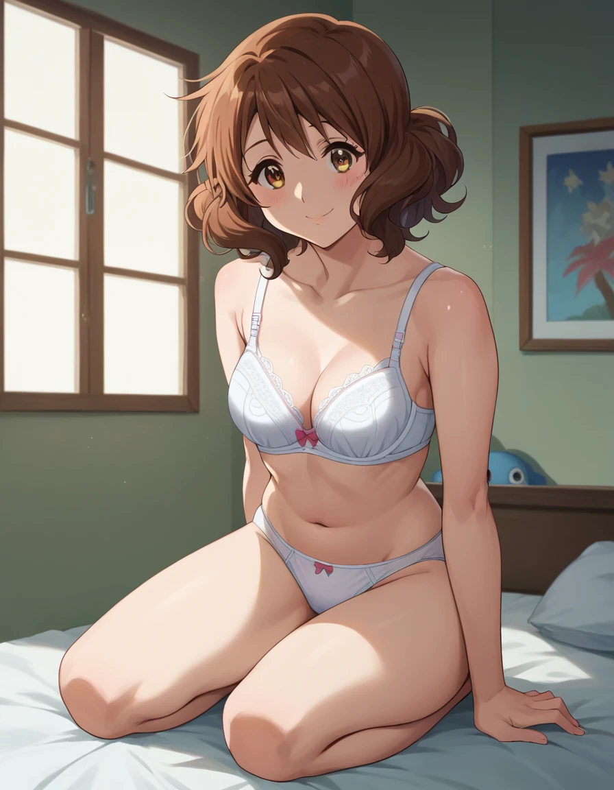 Highest quality, High resolution, masterpiece, (Beautiful Eyes), (Fine grain), Detailed face, kumiko oumae, Brown eyes, Brown Hair, short hair, Wavy Hair, smile, blush, indoor, bedroom, whiteいベッド, View your viewers, Sitting on the bed, (Stretch:1.5), (Wide pelvis:1.5), (Big Ass), (white_bra:1.5), (white_Panties:1.5), (Thick thighs), nsfw