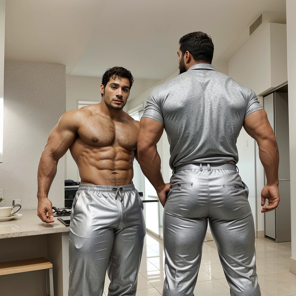 A Hispanic man with a face that looks like Henry Cavill. black man, His body is muscular and he has a toothed beard.. Huge butt, sexy in a moment of reflection. full body. Fajada shirt, semi formal clothing, silver pants, backside.