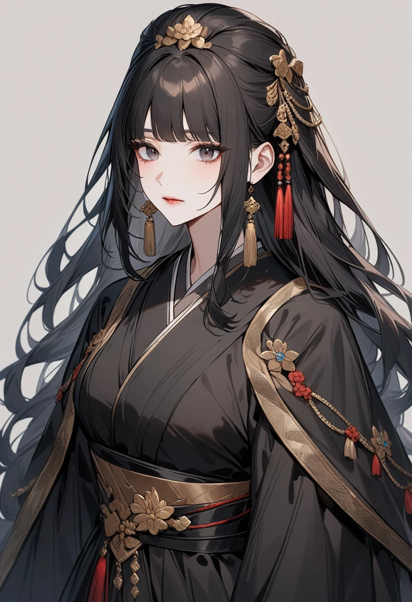 Older women,Black long hair,Black tights,Hanfu,Beautiful black eyes,Extremely detailed,high resolution,Simple background