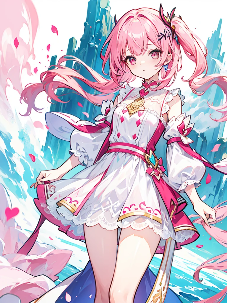 fantasy world girl with colorful hair, accessories, detailed clothes, pink hair, white and red clothes, short dress