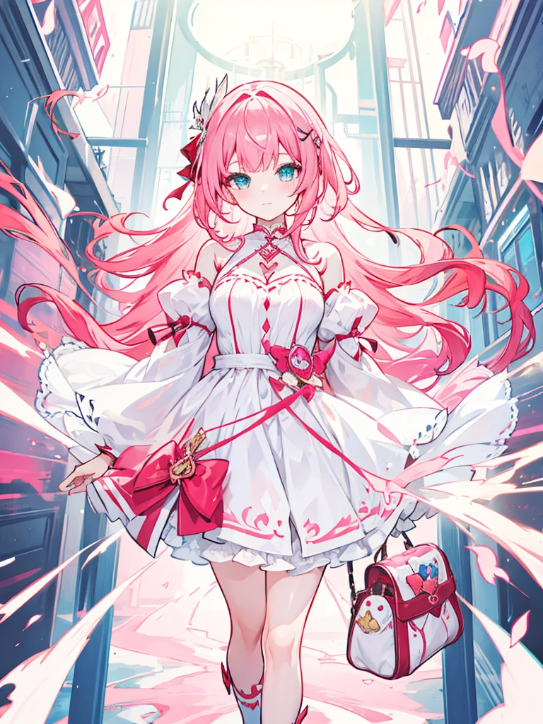 fantasy world girl with colorful hair, accessories, detailed clothes, pink hair, white and red clothes, short dress