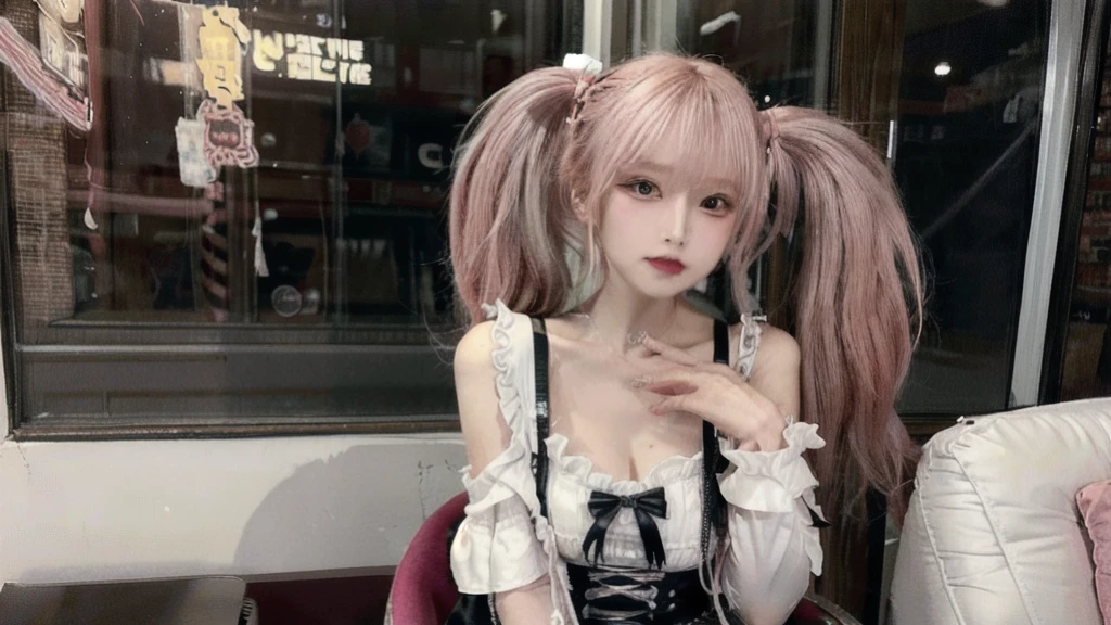 (NSFW),(realistic:1.3), in detail, quality, rembrandt lighting, (table top:1.2), (realistic:1.2), (최고의 quality), (detailed skin:1.3), (intricate details), dramatic, ray tracing, Break one woman., japanese girl, smiling,(pink hair 1.4), twintail hair, Twin Loop Hair, split bangs, ihighlight 21 years old, medium chest, earring, jirai fashion, short dress, wrinkle, race, Bow ribbon, break (seoul 길거리에서, seoul, sunny day), break