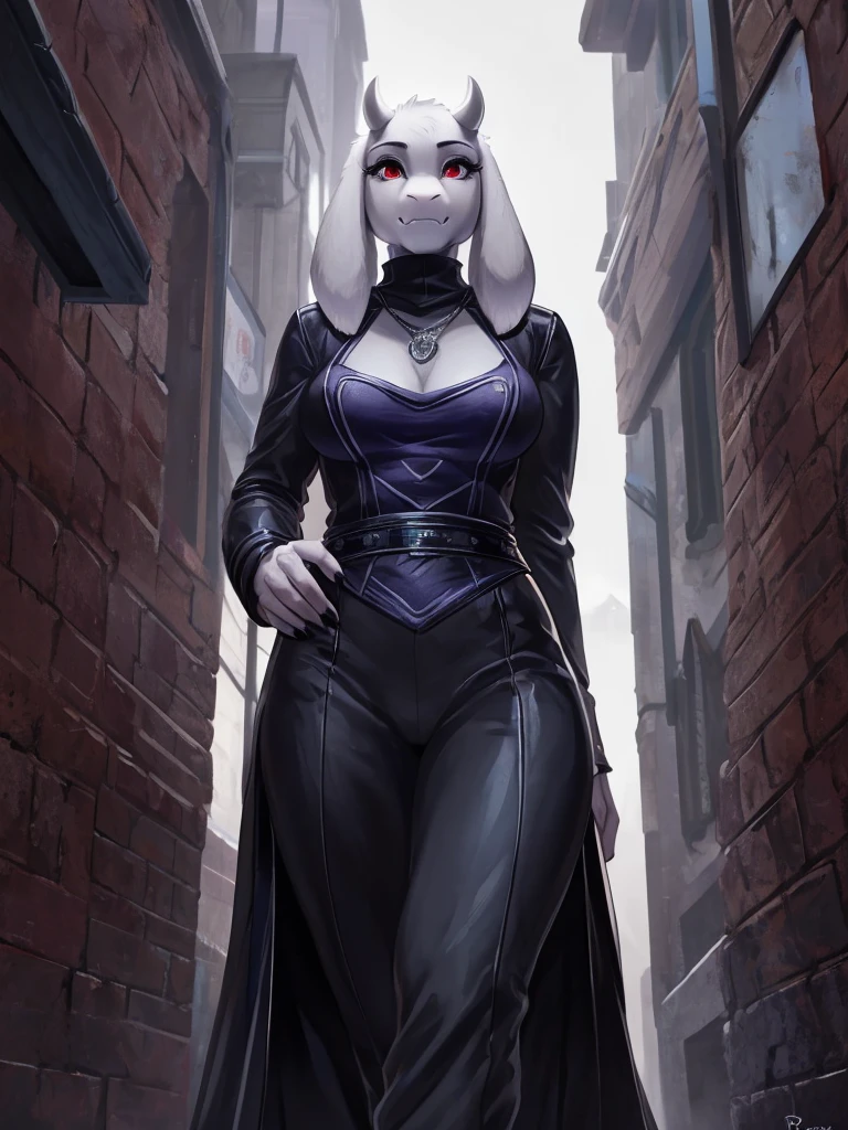 By Ross Tran, ruan jia, (((Toriel))), (Female goat anthro:1.3), (White fur:1.1), (walking towards viewer:1.3), (Foggy night alley:1.23), (Blank expression:1.3), (detailed eyes), (sharp red eyes), detailed background, 8k hd, (dark shadows, wide dynamic range, hdr, low light:1.2), (Thin physique), black eyeshadow, (black turtleneck, silver necklace, black dress pants), ((Gothic)), Close-up, high detail, highly detailed, digital painting, ((blank grey background)), black fingernails, black makeup