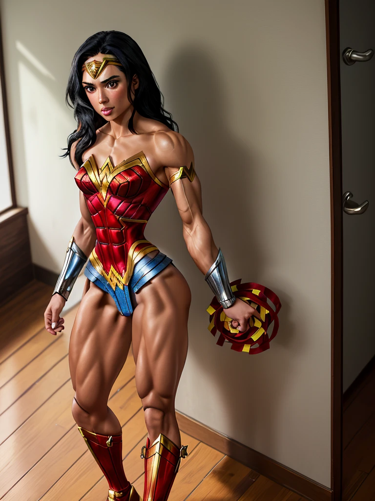 gorgeous Brazilian girl who is captain of the cheerleading team, 1girl, 18 years old, powerhouse, black hair, shoulder length hair cut, tanned skin, styled hair, 6’2” height, (wearing a Wonder Woman party costume:1.3), showing abs, (chiselled 8-pack abs:1.6), abs of steel, shredded abdominal muscle, cut lower obliques, washboard abs, muscular arms, muscular ass, lean, gorgeous, tiny waist, standing in school hallway, wearing make up, muscular legs, gymnasts physique, willowy