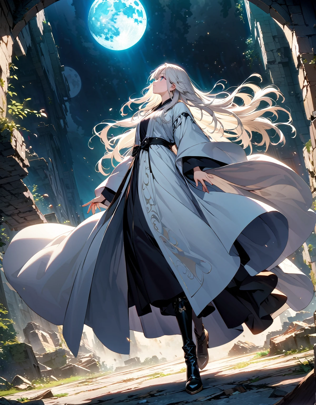 Very delicate and beautiful,非常にdetailed,CG,Unity,8k wallpaper,wonderful,detailed,masterpiece,The best quality in the best condition,Official Art,非常にdetailed CG 8k Unbelievably ridiculous resolution,Beautiful and exquisite,High resolution, Flowing Hair,Full body robe, Wear black boots,(The moon behind him), White long hair, (Looking up at the sky)profile,Background ruins,
