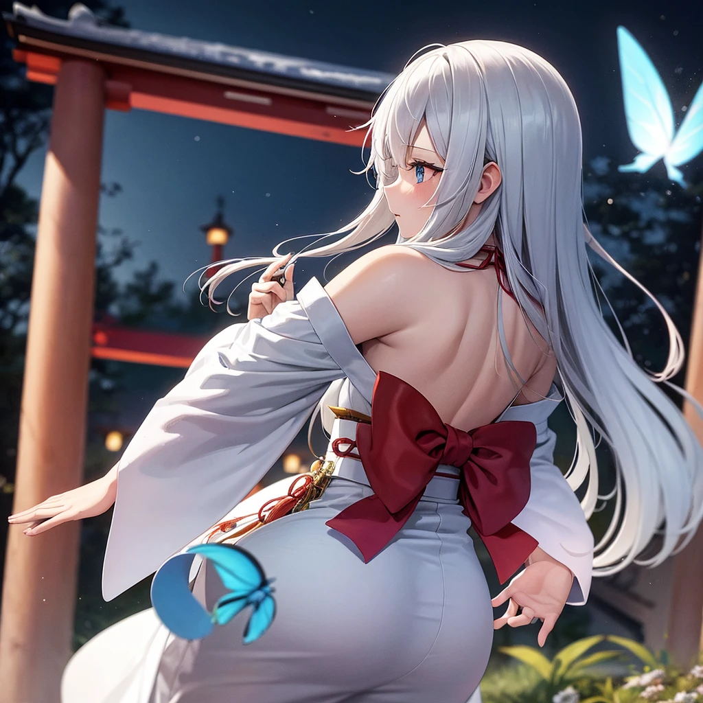 ((high resolution, silver hair, long hair, shrine maiden, white band, back view)) ((mysterious, blue butterfly, night, Japanese style, shoulder, shining aura)) (prayer, dance), moon, stars, catch the wind, winter