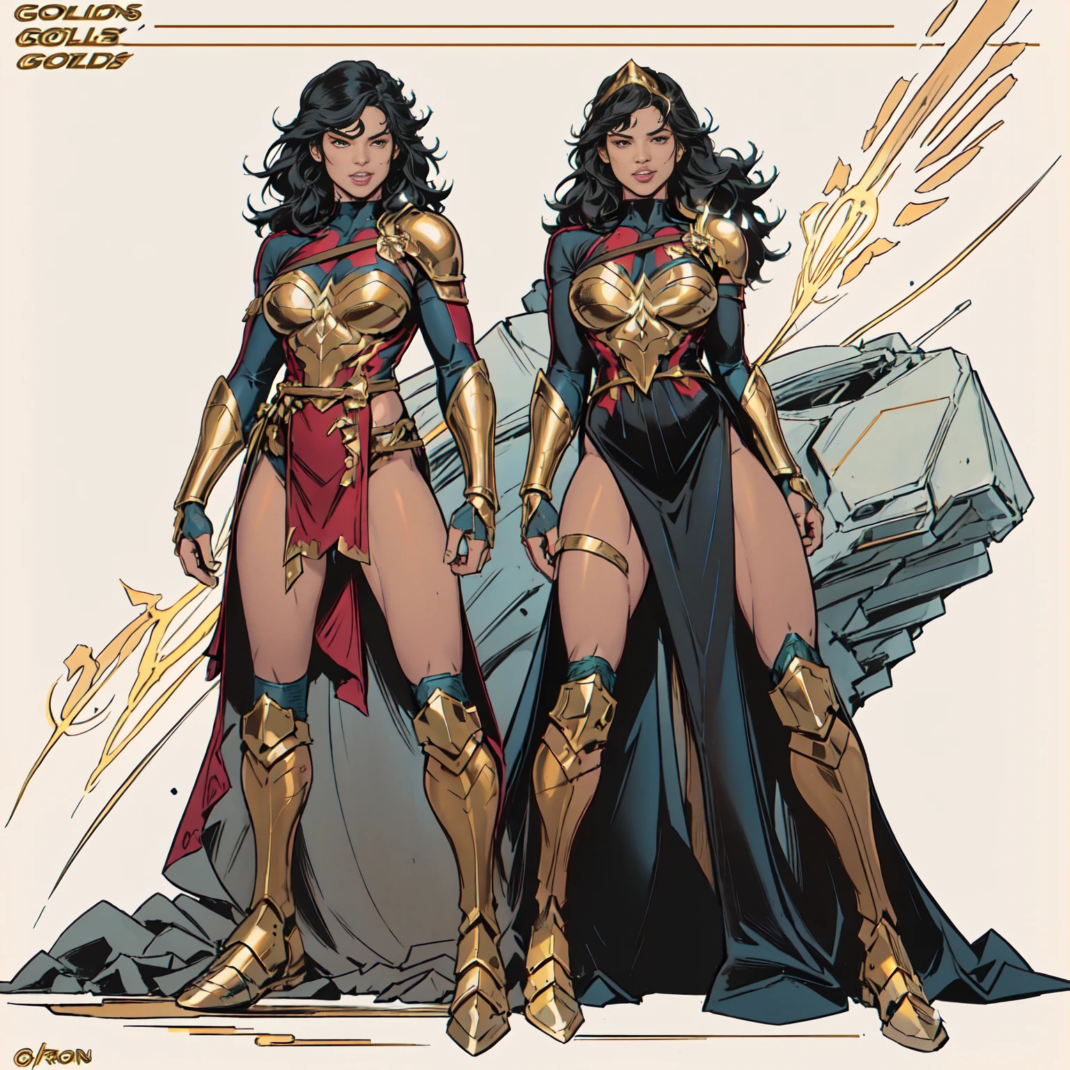 ((Full body photo,standing, feet on the ground)) 2girl, Gal gadot, (perfect anatomy), dark clothes (perfect face and eyes) (undeformed eyes), armor covers the whole body, full armor great details, art, full body, with gold cowboy lace at the waist, artwork, full body, with golden boots.
