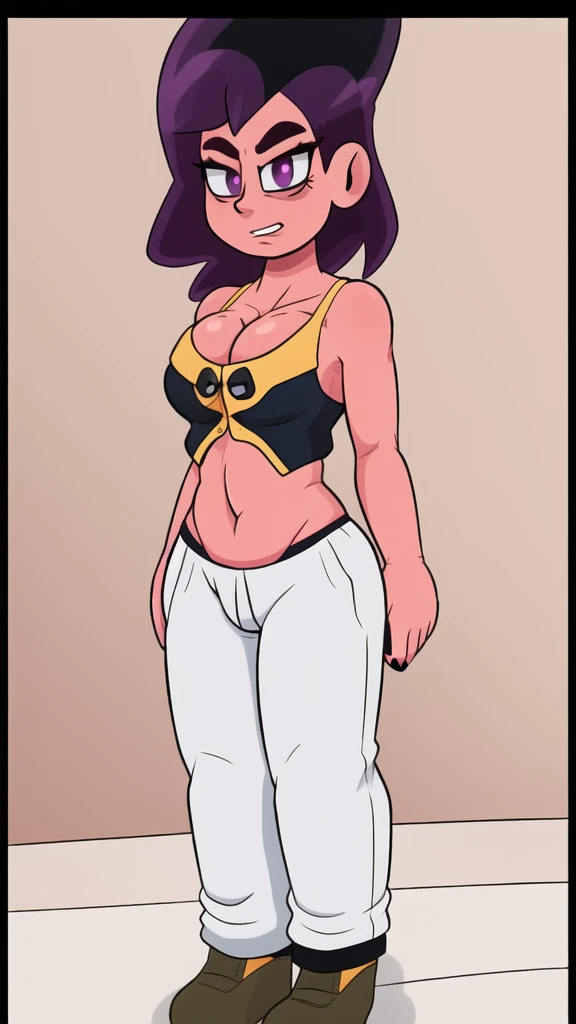 A girl with a big chest, firm black hair, long squares, purple eyes, a medium-sized rectangle, wears a metallic gray blouse with buttons, shows a navel, and her long light gray pants, adulthood, gold pocket, pants. "Female Majin Boo"