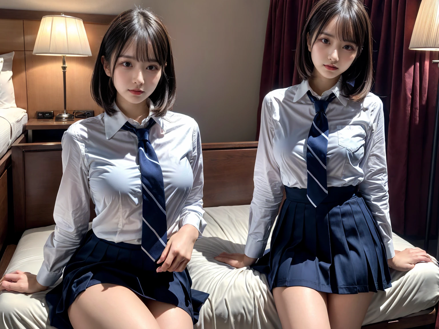 (RAW photo, 4k, masterpiece, high resolution, extremely complex) (realistic: 1.4), cinematic lighting
 ((2 girls, 2 schoolgirls)),Slam Dunk's,blushing,((innocent)),(Dark makeup),bright eyes,round eyes,blunt bangs,(ponytail, from front:1.3),black hair,large breasts,wide hips,Summer Noon, ,Hot, (Best Quality), (Highres), (an Extremely Delicate and Beautiful),(Beautiful 8k face),(Brown eyes),short bob hair,(Looking at the viewer),(large breasts, expresses the roundness and softness of your chest),(Play with each other,Touching each other's bodies,Touching the body),(Japanese high school uniform:1.3),blue skirt,(reality),bright lighting,(The background is a luxury hotel room)